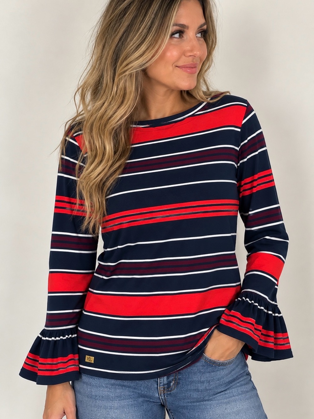 Lauren Ralph Lauren Navy, Red & White Striped Long-Sleeve Tee with Ruffle Cuffs